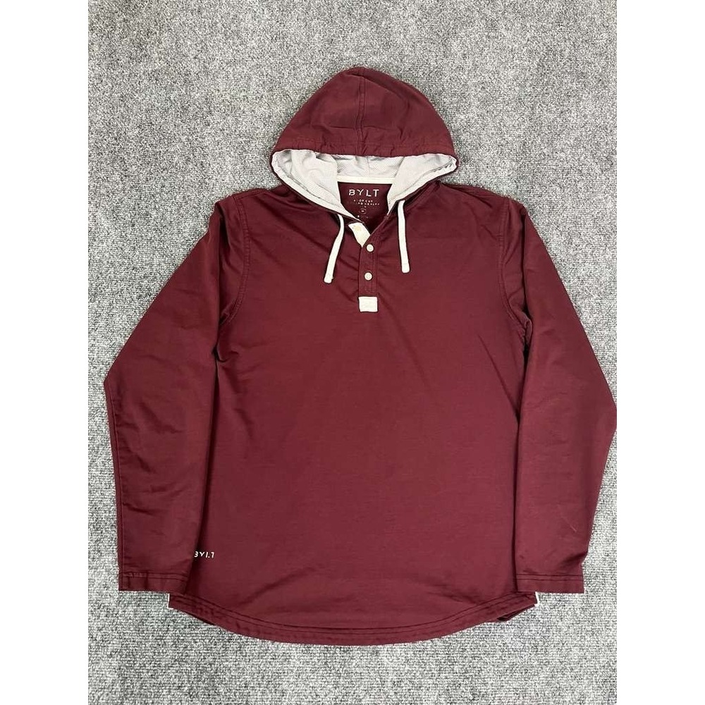 BYLT‎ Shirt Mens Medium Maroon Drop Cut Hooded Henley Lux Long Sleeve Pullover